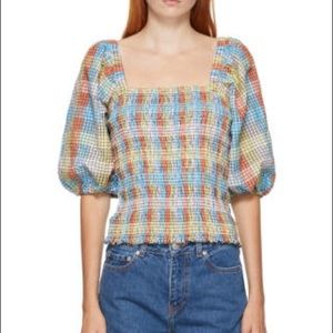 GANNI Multicolor Seersucker Check Blouse NWT